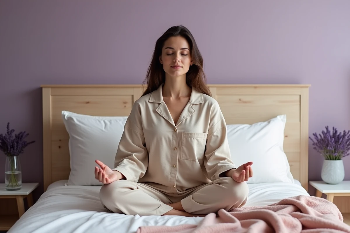 Femme détendue méditant sur son lit dans une chambre aux murs lavande pour lutter contre le stress et les nuits agitées