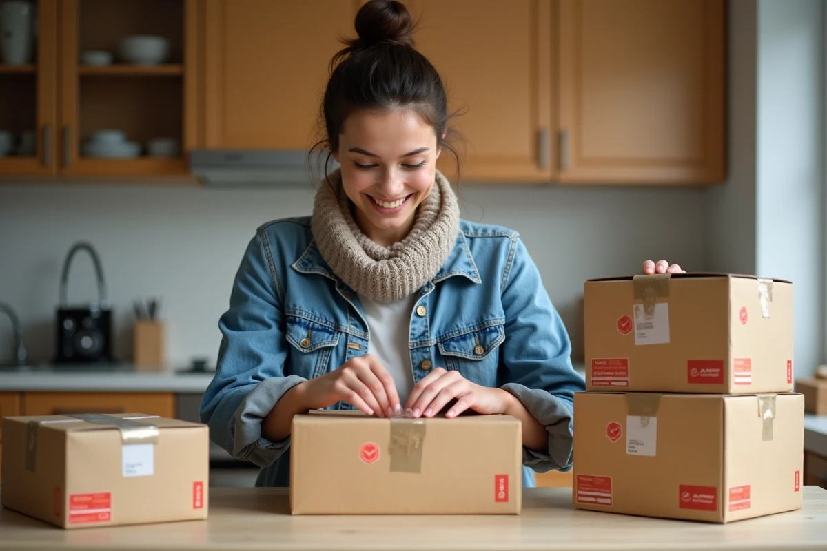 Jeune femme emballant un colis La Poste à la maison