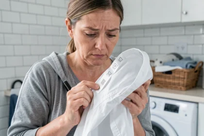 Femme examinant attentivement les pictogrammes de lavage sur l'étiquette d'un vêtement dans une buanderie moderne