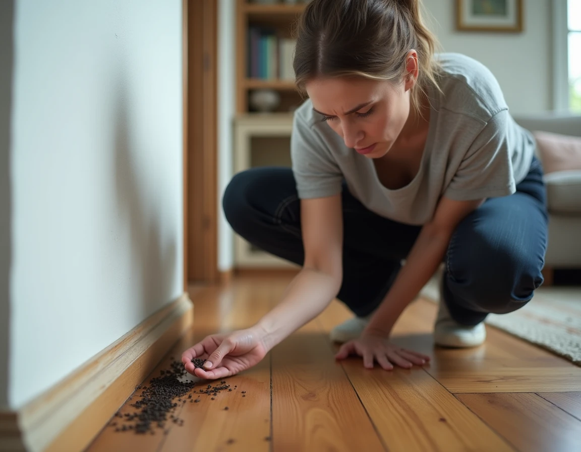 Femme inspectant une traînée de petits insectes noirs le long d'une plinthe en bois dans un appartement