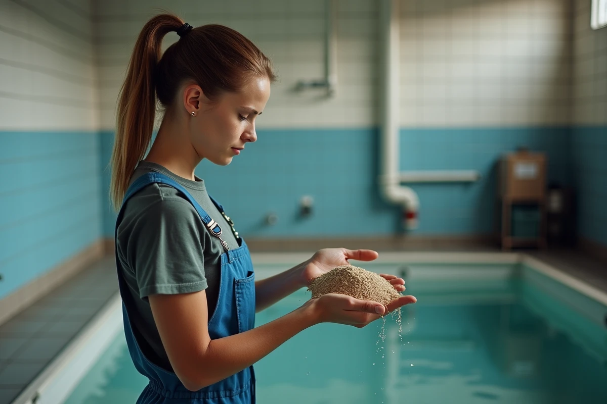 Femme inspecte du sable de filtre en intérieur