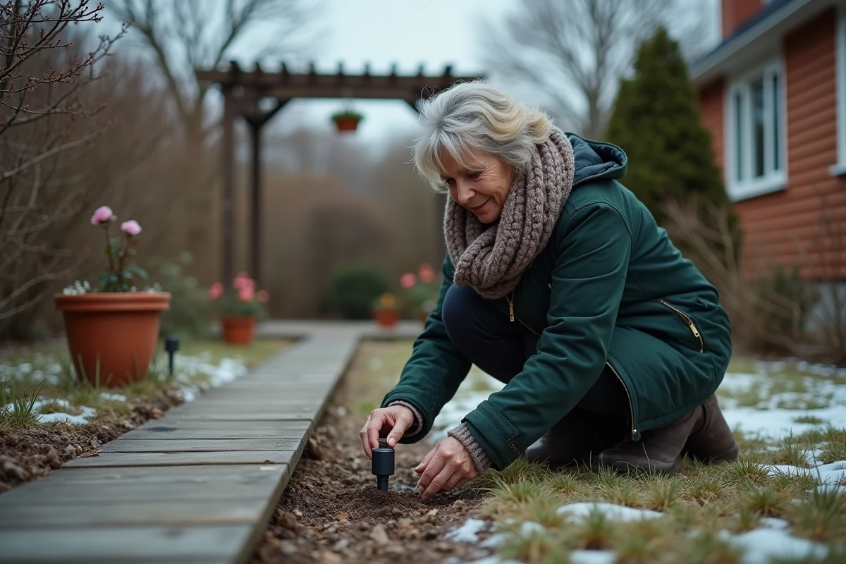 Femme installant des bornes solaires décoratives le long d'une allée de jardin en hiver pour Noël
