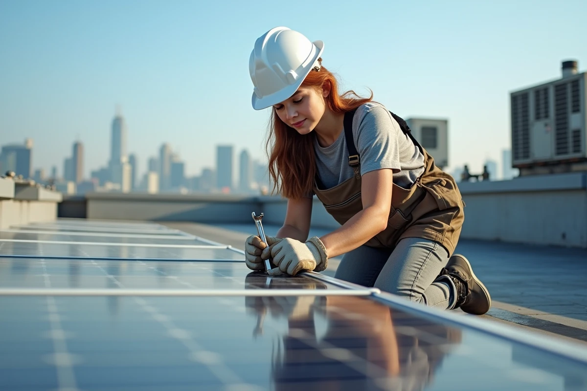 Jeune femme posant des panneaux solaires sur un toit urbain