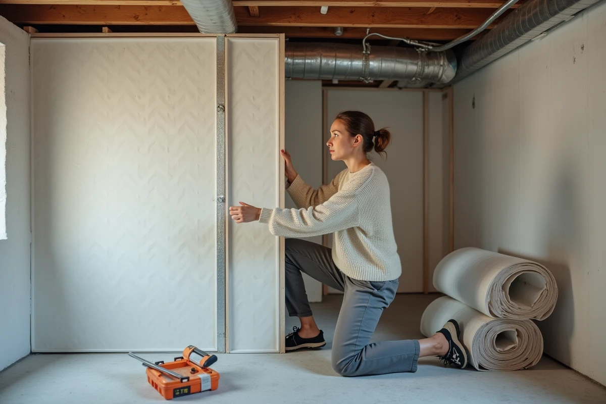 Jeune femme installant des panneaux d