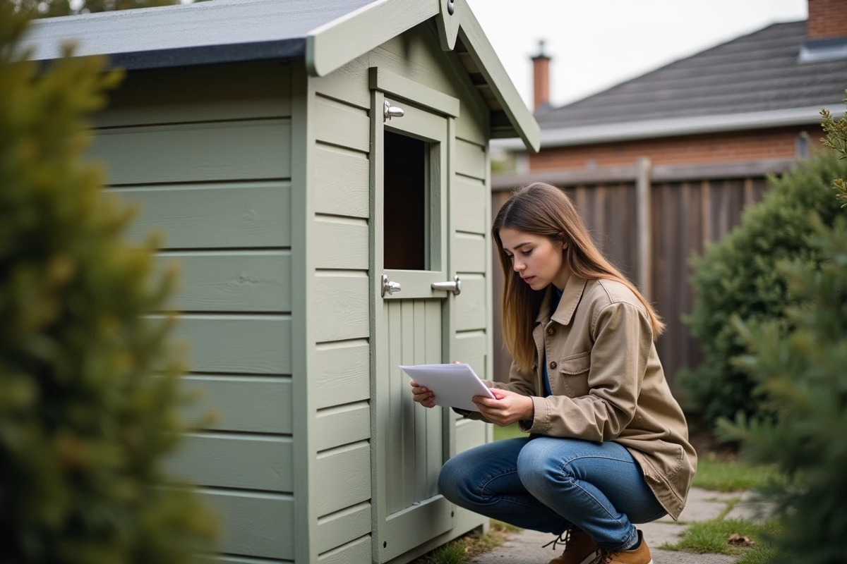 Jeune femme lisant un document près d’un abri de jardin en bois