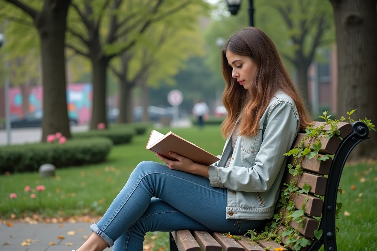 Jeune femme lisant sur un banc dans un parc urbain