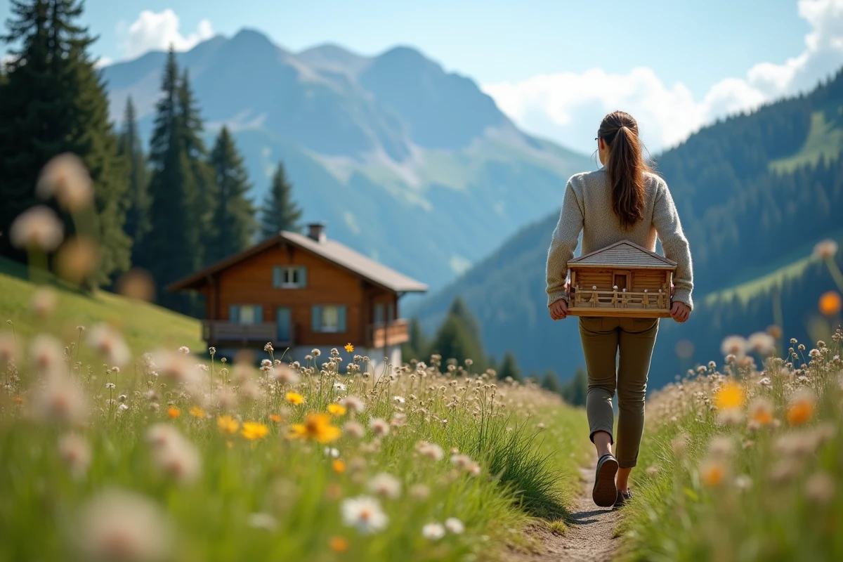 Jeune femme avec modele de chalet dans un pre alpin
