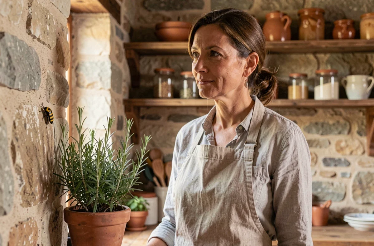 Femme observant une punaise diabolique sur le mur en pierre d'une cuisine rustique avec des plantes aromatiques
