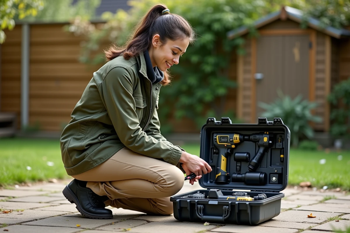 Jeune femme examine un coffret à outils dans un jardin