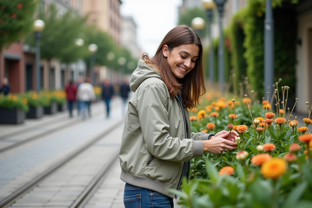 Jeune femme soignant des plantes dans la ville