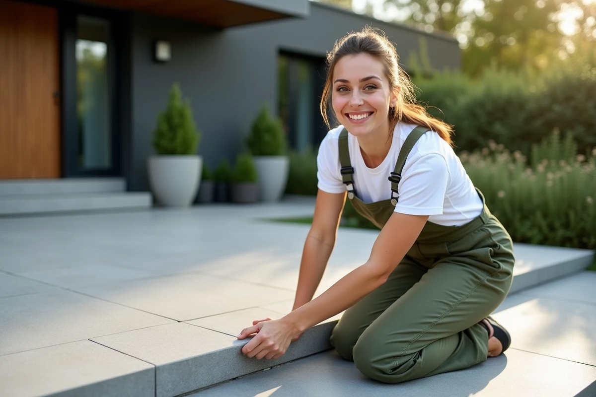 Femme en terrasse finie montre le remblai stable et compacté