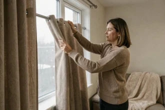 Femme installant un rideau thermique pas cher sur une fenêtre de salon en hiver