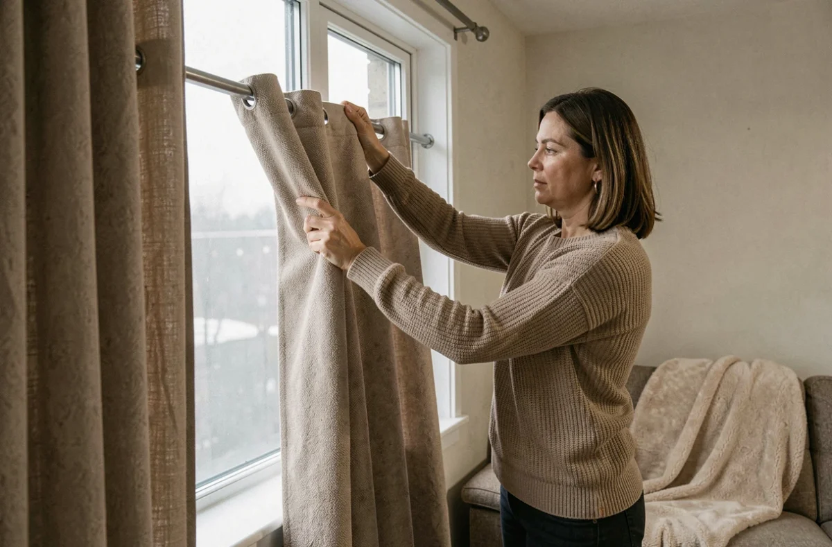 Femme installant un rideau thermique pas cher sur une fenêtre de salon en hiver