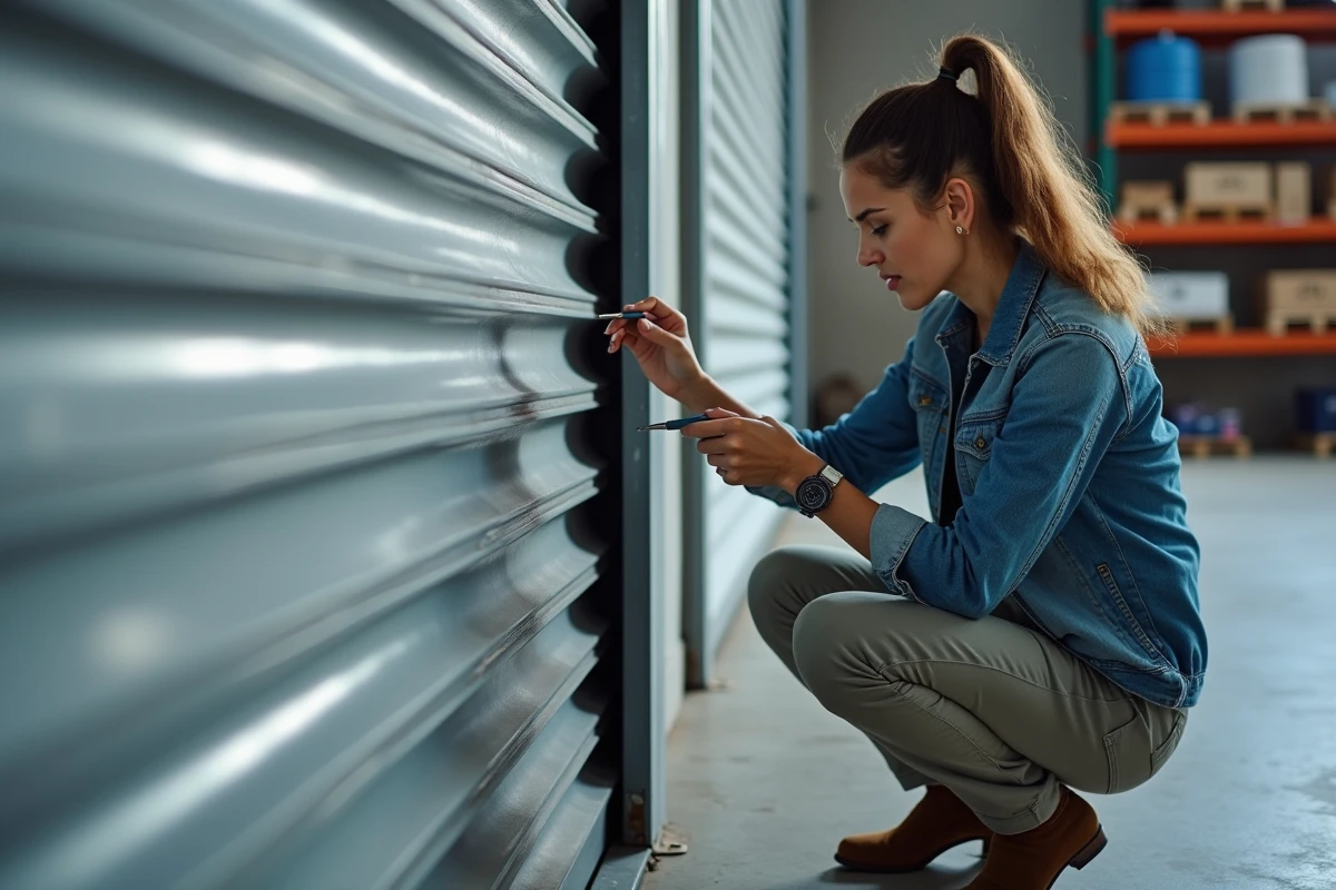 Femme examinant un guide de volet métallique en intérieur