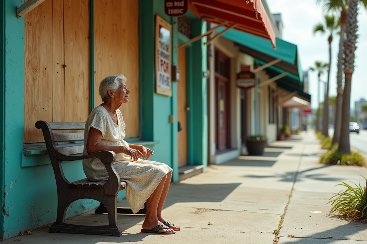Femme âgée assise devant boutique abandonnée en Floride