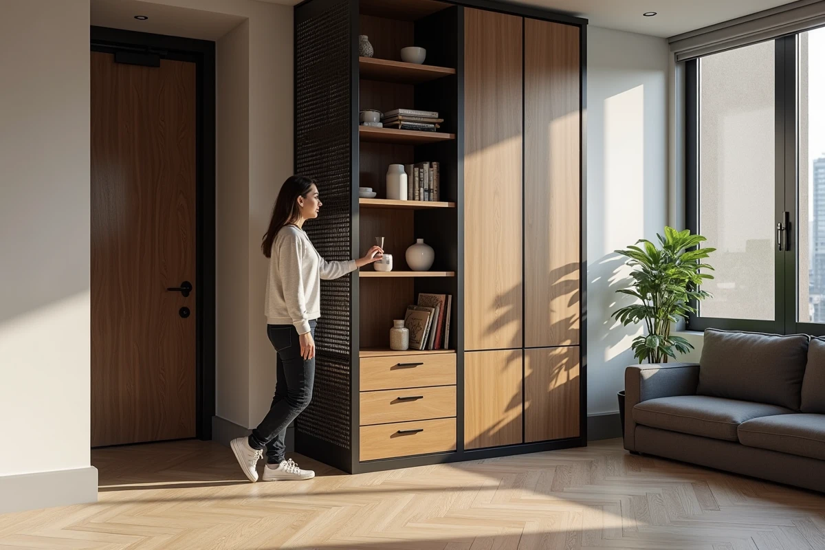 Femme arrangeant des objets sur une séparation meuble modulaire en métal et bois dans un appartement urbain au parquet en chevrons