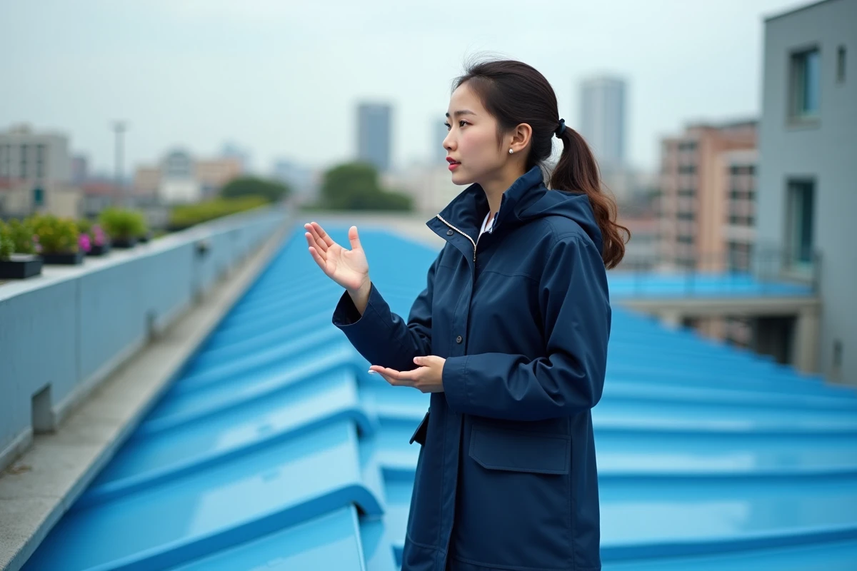 Jeune femme sur un toit bleu décrit ses caractéristiques