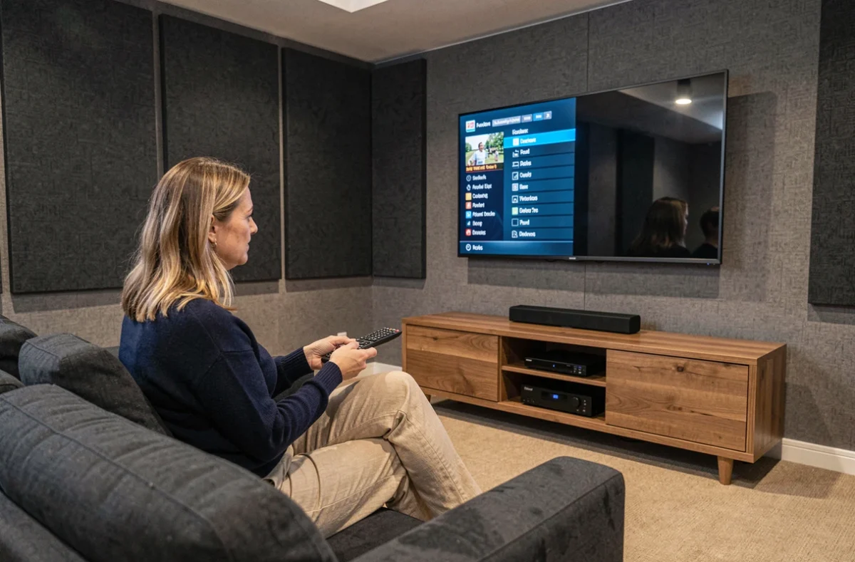 Femme utilisant une télécommande universelle face à un téléviseur affichant un menu de câble TV dans une salle home cinéma aménagée