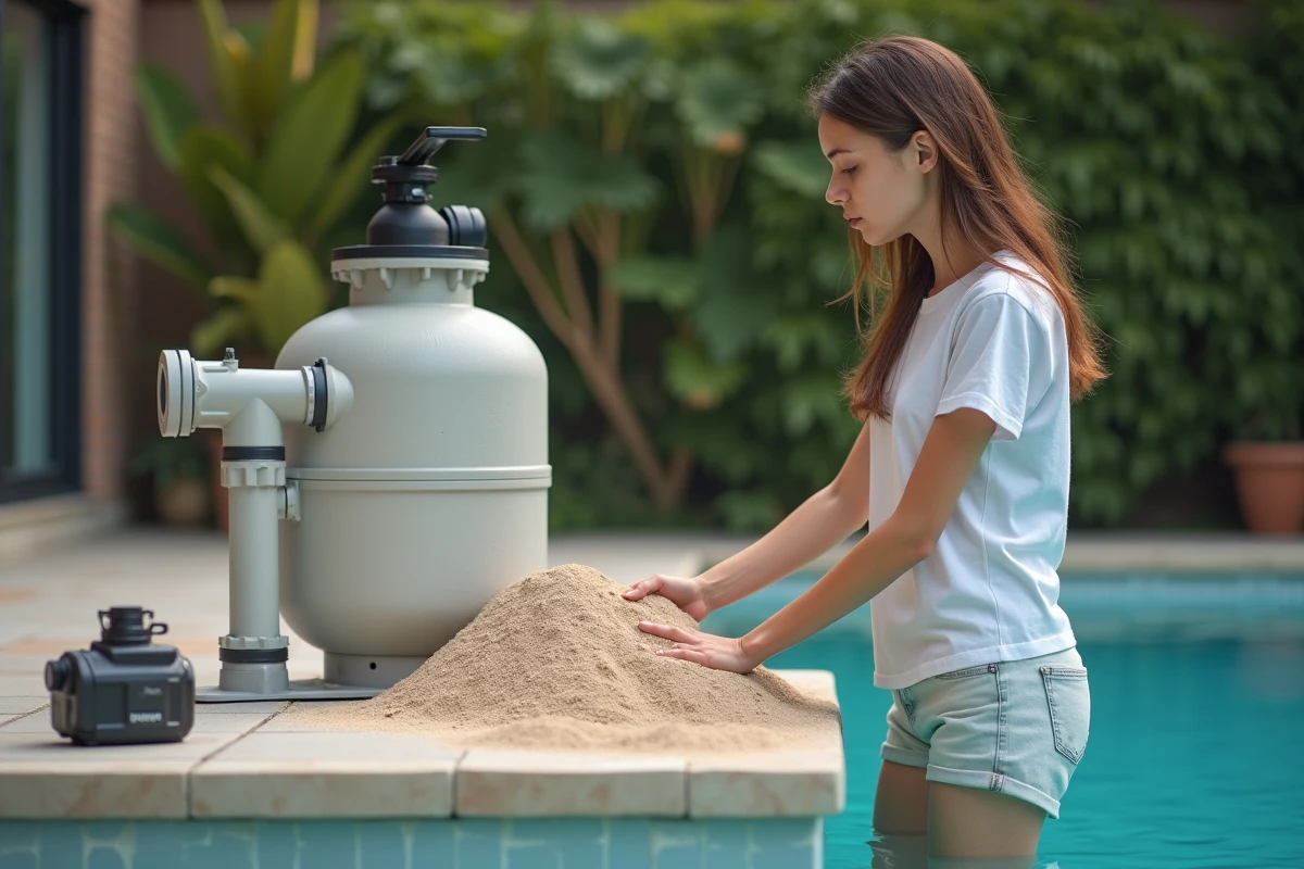 Jeune femme inspectant le filtre à sable près de la piscine