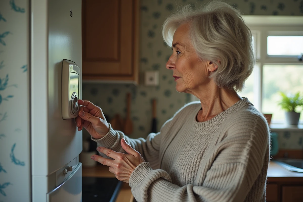 Femme âgée vérifiant la pression de sa chaudière gaz à la maison
