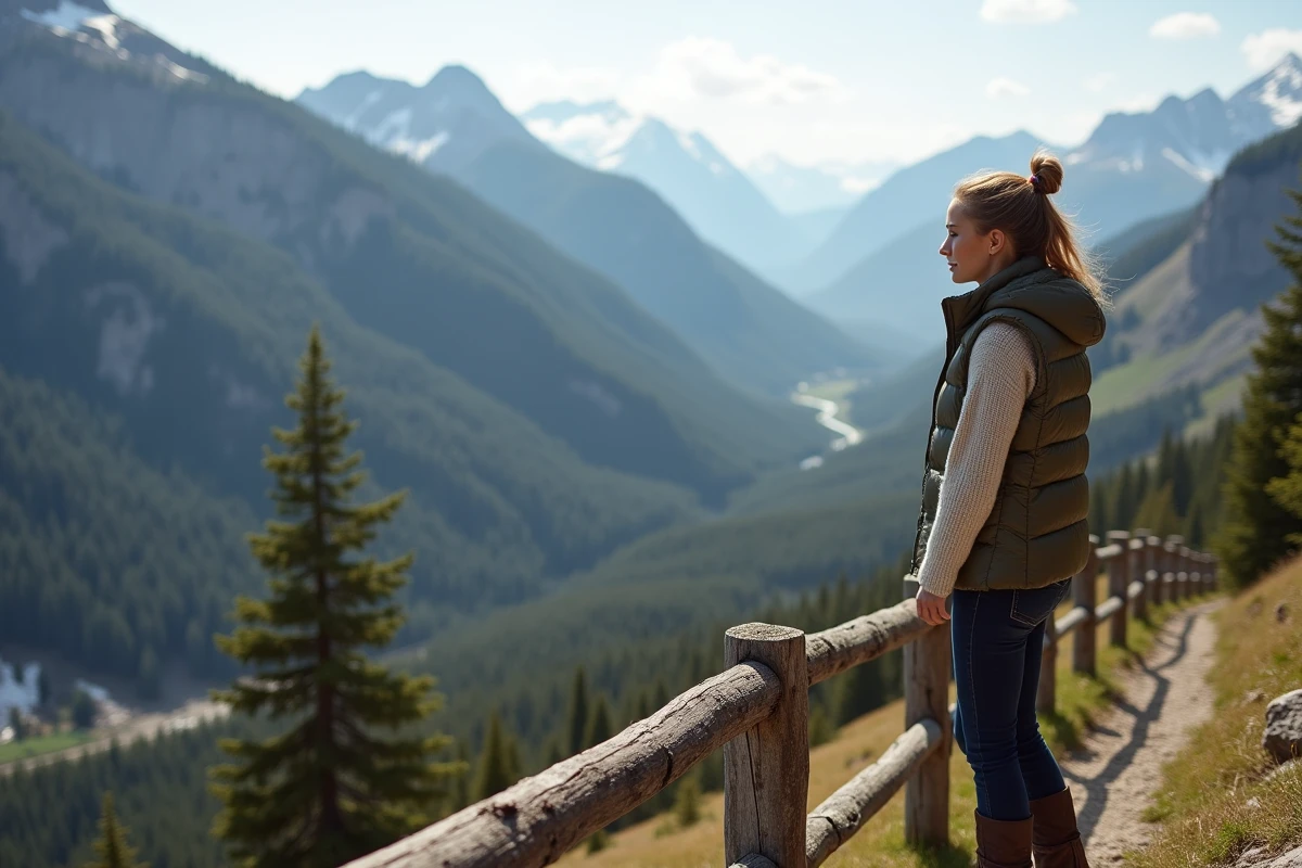 Jeune femme regardant la vallée depuis un point de vue alpin