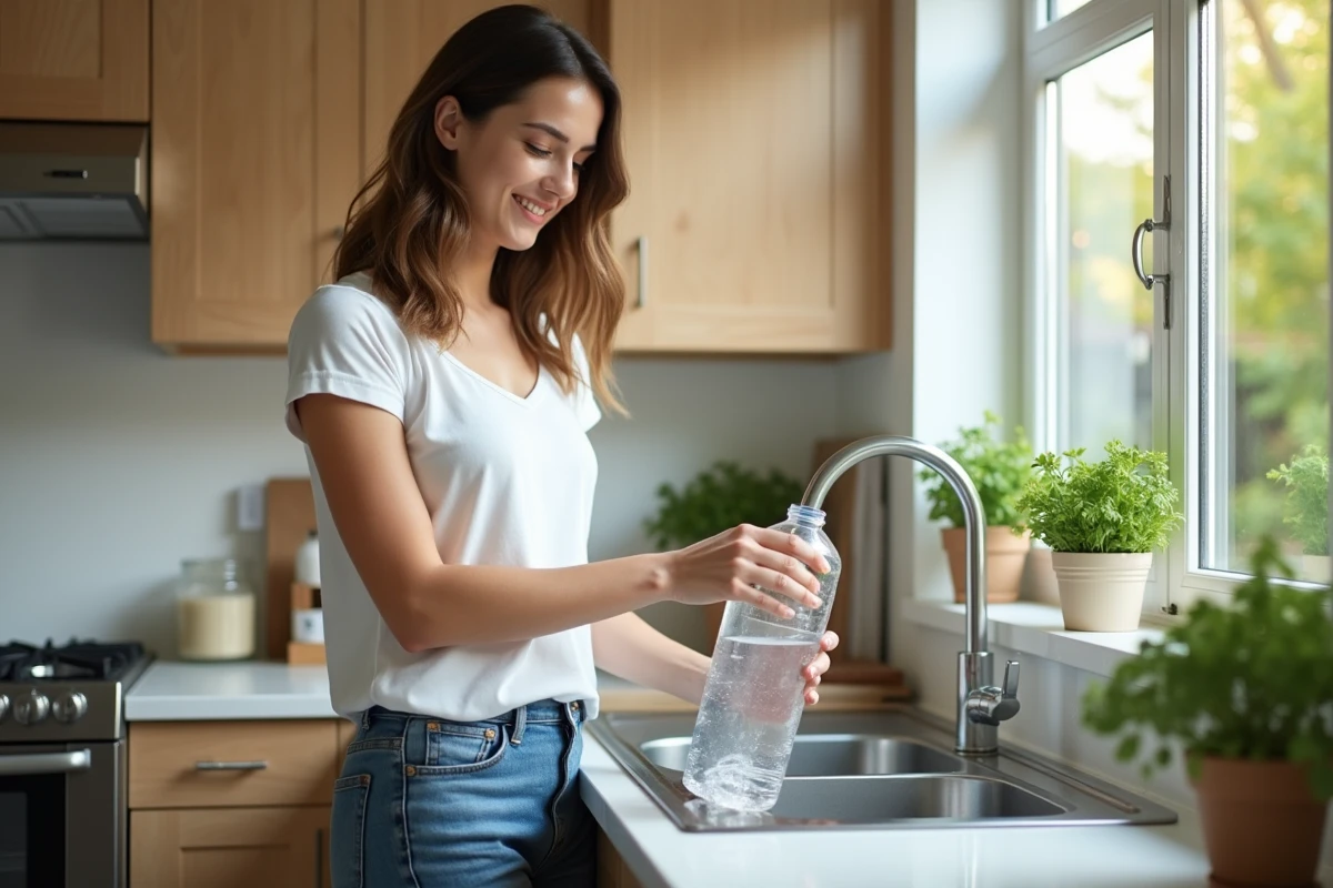 Jeune femme remplissant une bouteille d