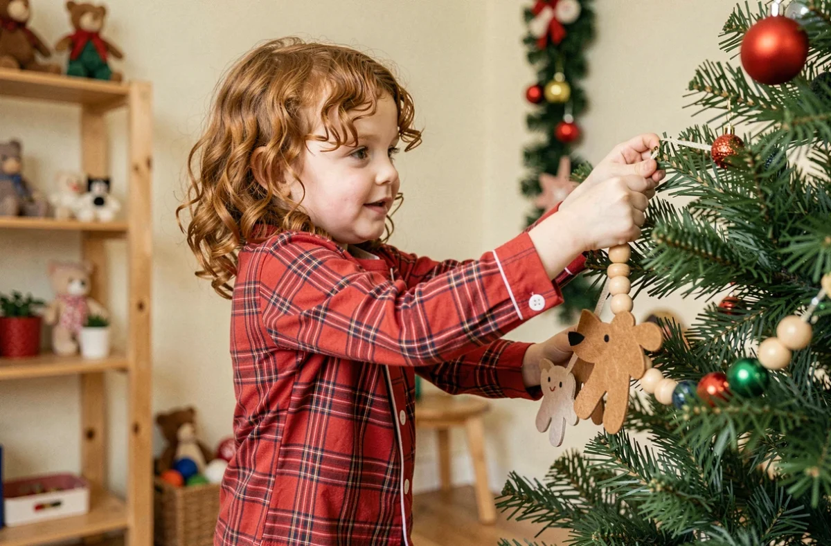 Fillette en pyjama à carreaux accrochant une guirlande de feutrine et perles en bois sur un sapin de Noël familial