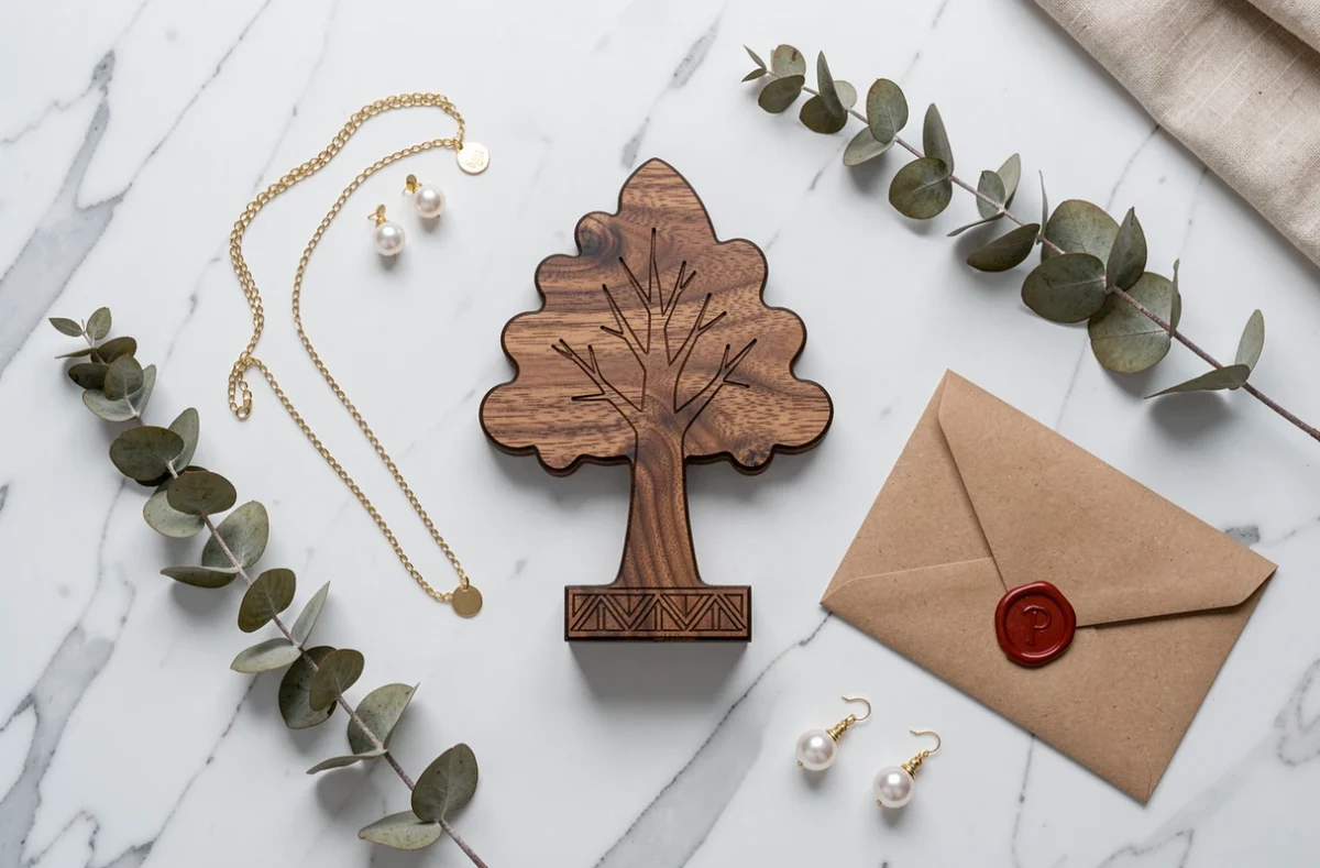 Flat lay d'un arbre à bijoux en bois de noyer gravé de motifs géométriques, entouré de bijoux et d'eucalyptus séché sur marbre blanc