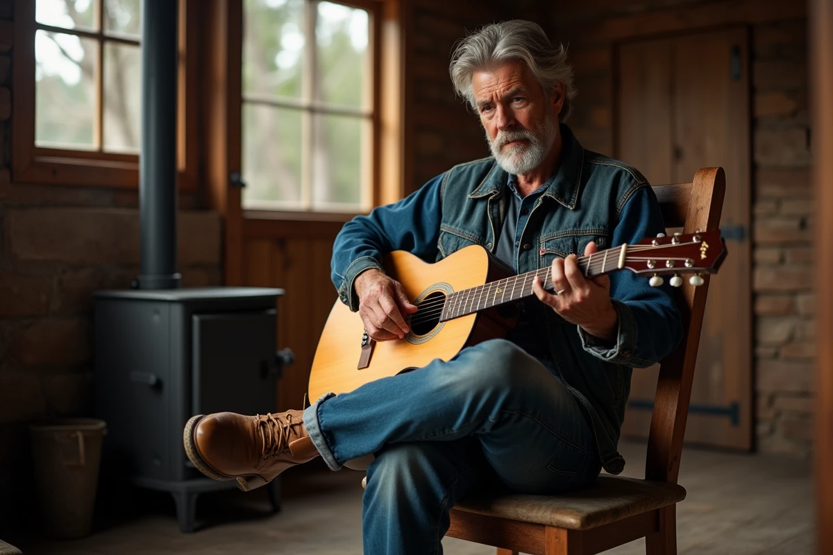 Musicien aux cheveux gris jouant de la guitare acoustique dans un ranch rustique en Patagonie, symbole de la retraite artistique de Florent Pagny
