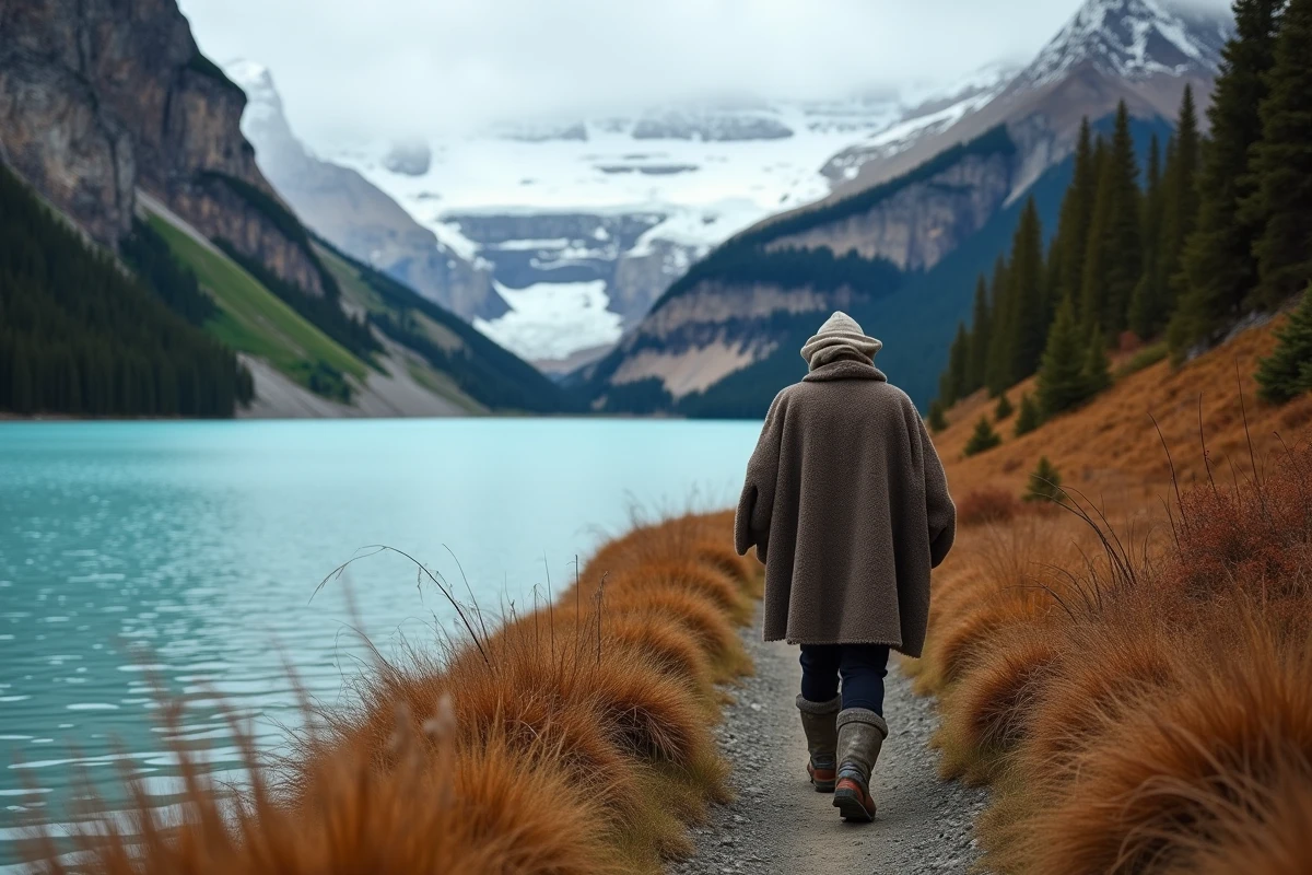 Homme de dos marchant en poncho le long d'un lac glaciaire turquoise en Patagonie, illustration de l'isolement volontaire de Florent Pagny