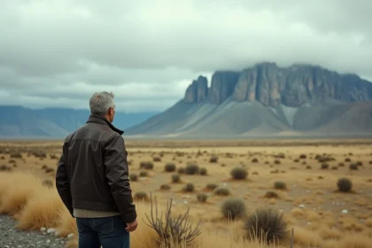 Homme aux cheveux argentés contemplant le paysage sauvage de Patagonie sous un ciel nuageux, évoquant l'exil de Florent Pagny
