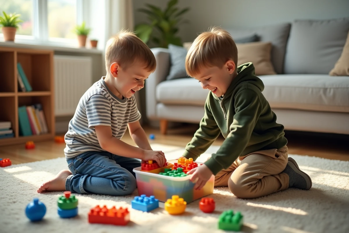 Deux garçons organisent des blocs colorés dans le salon