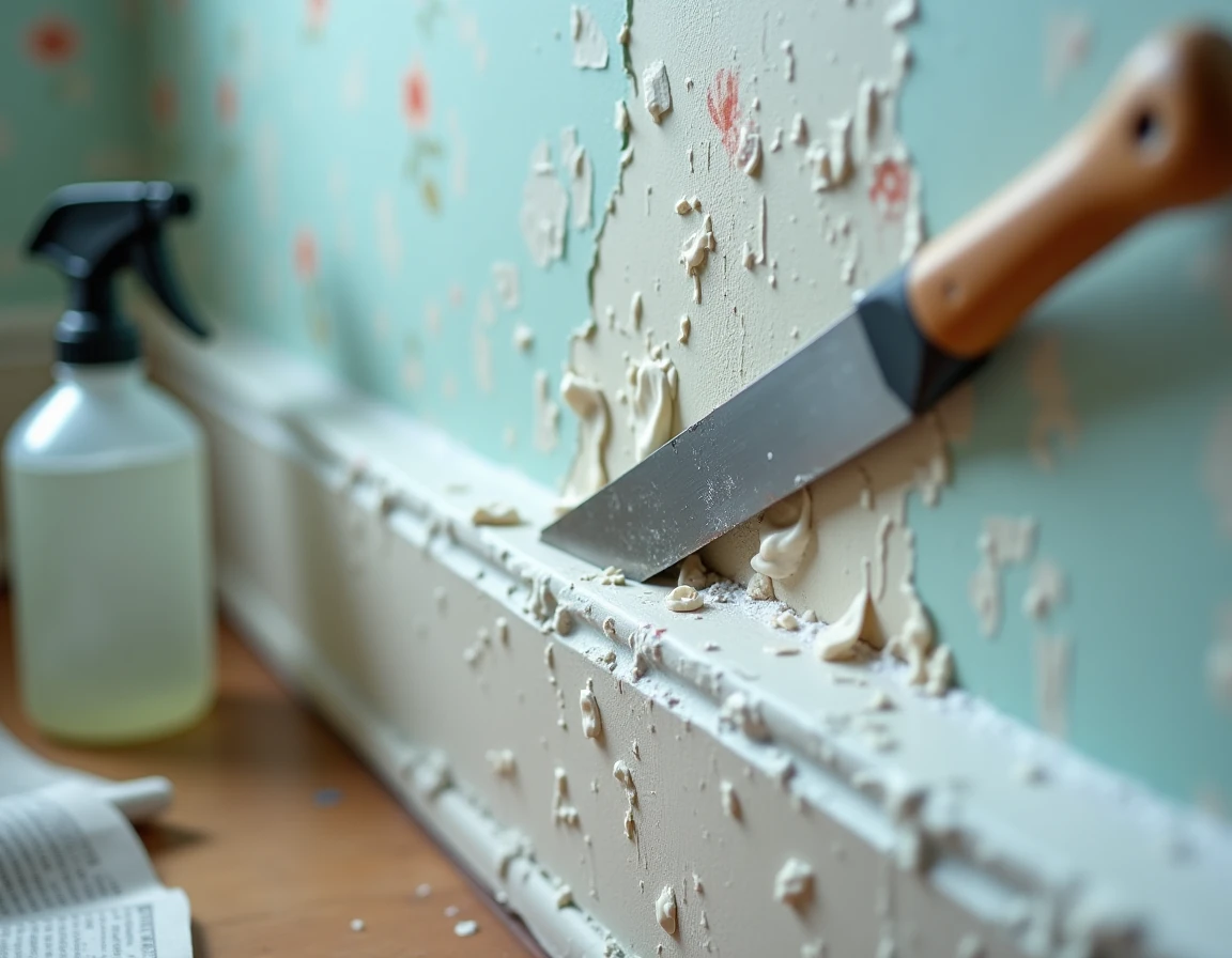 Gros plan sur un grattoir décollant du papier peint imbibé d'eau sur un mur de salle de bains