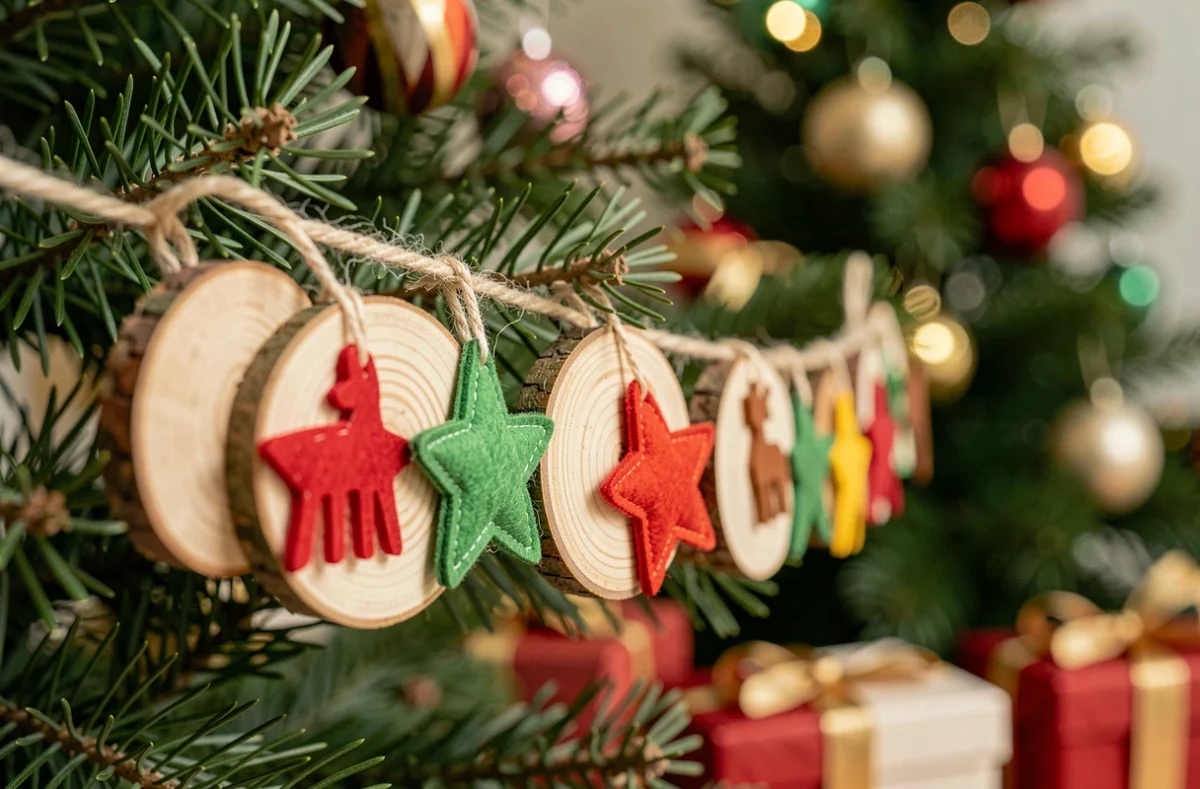 Gros plan sur une guirlande de Noël artisanale faite de rondelles en bois et formes en feutrine accrochée sur un sapin