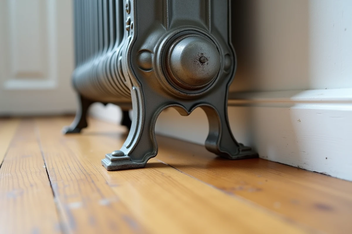 Gros plan sur un pied de support pour radiateur en fonte posé sur parquet sans fixation murale