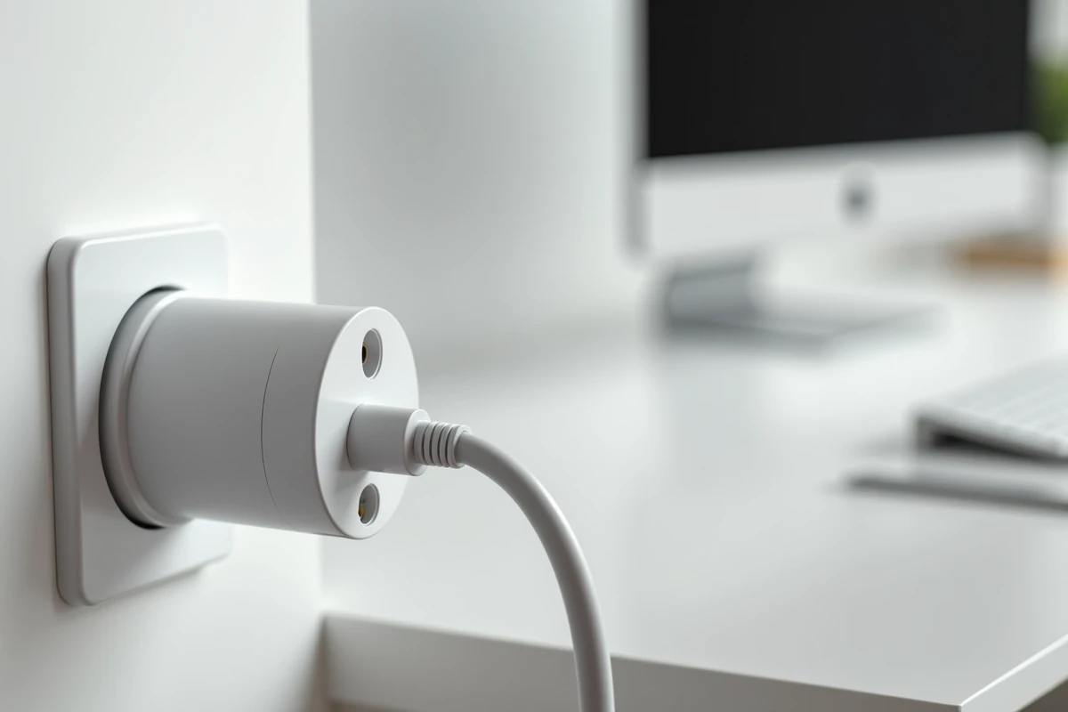 Gros plan d'une prise électrique encastrée dans une goulotte PVC blanche fixée au mur d'un bureau moderne