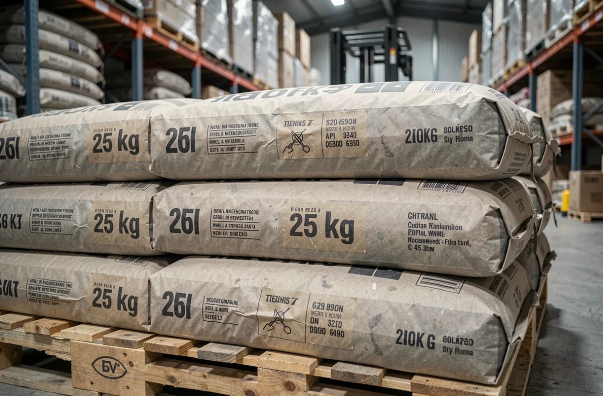 Gros plan de sacs de ciment de 25 kg empilés sur une palette en bois dans un entrepôt de matériaux de construction