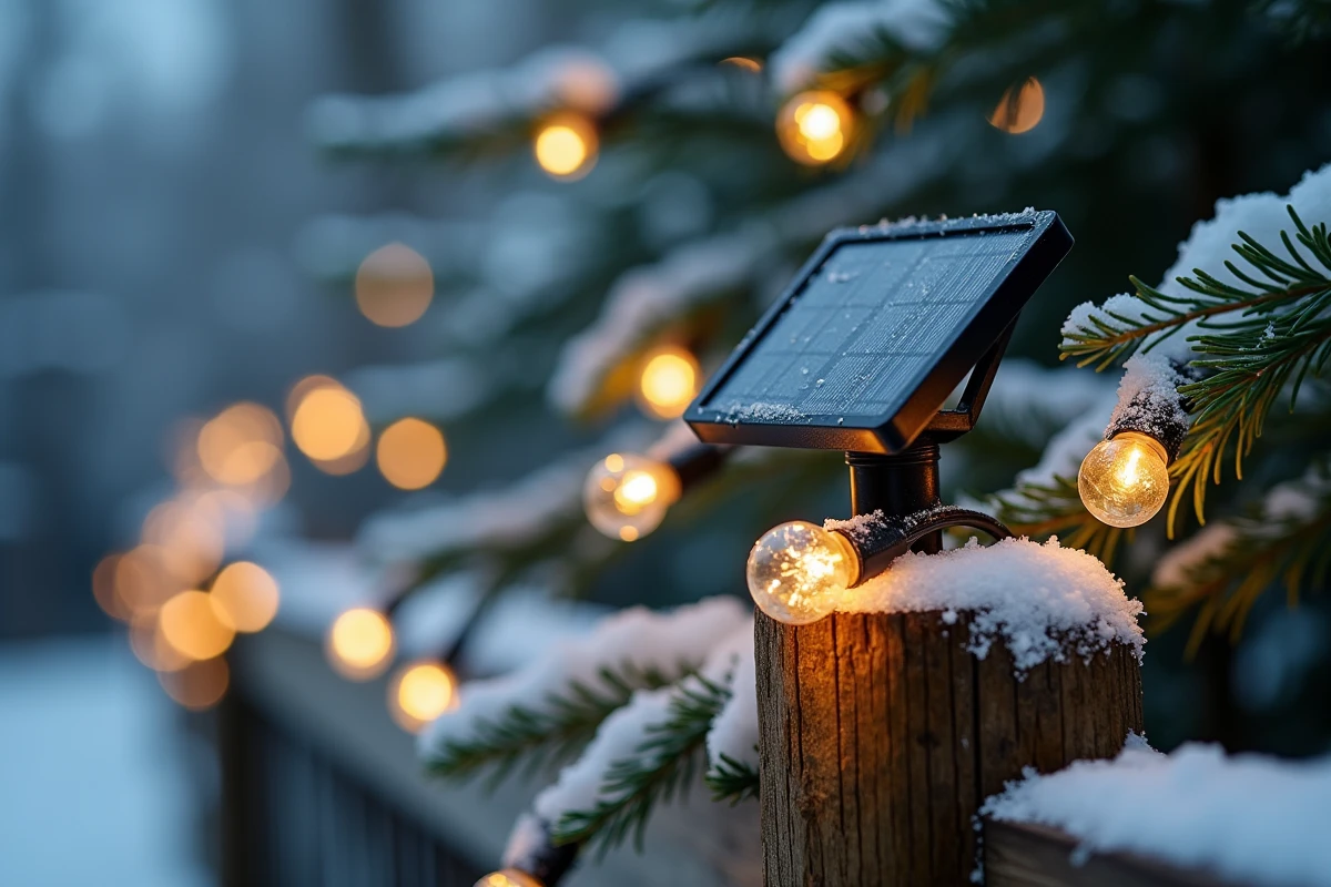 Gros plan sur des guirlandes LED solaires enroulées autour d'une branche de pin enneigée dans un jardin hivernal