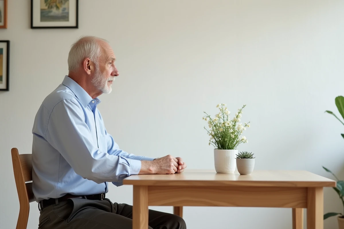 Homme d age regarde le papier peint dans un salon lumineux