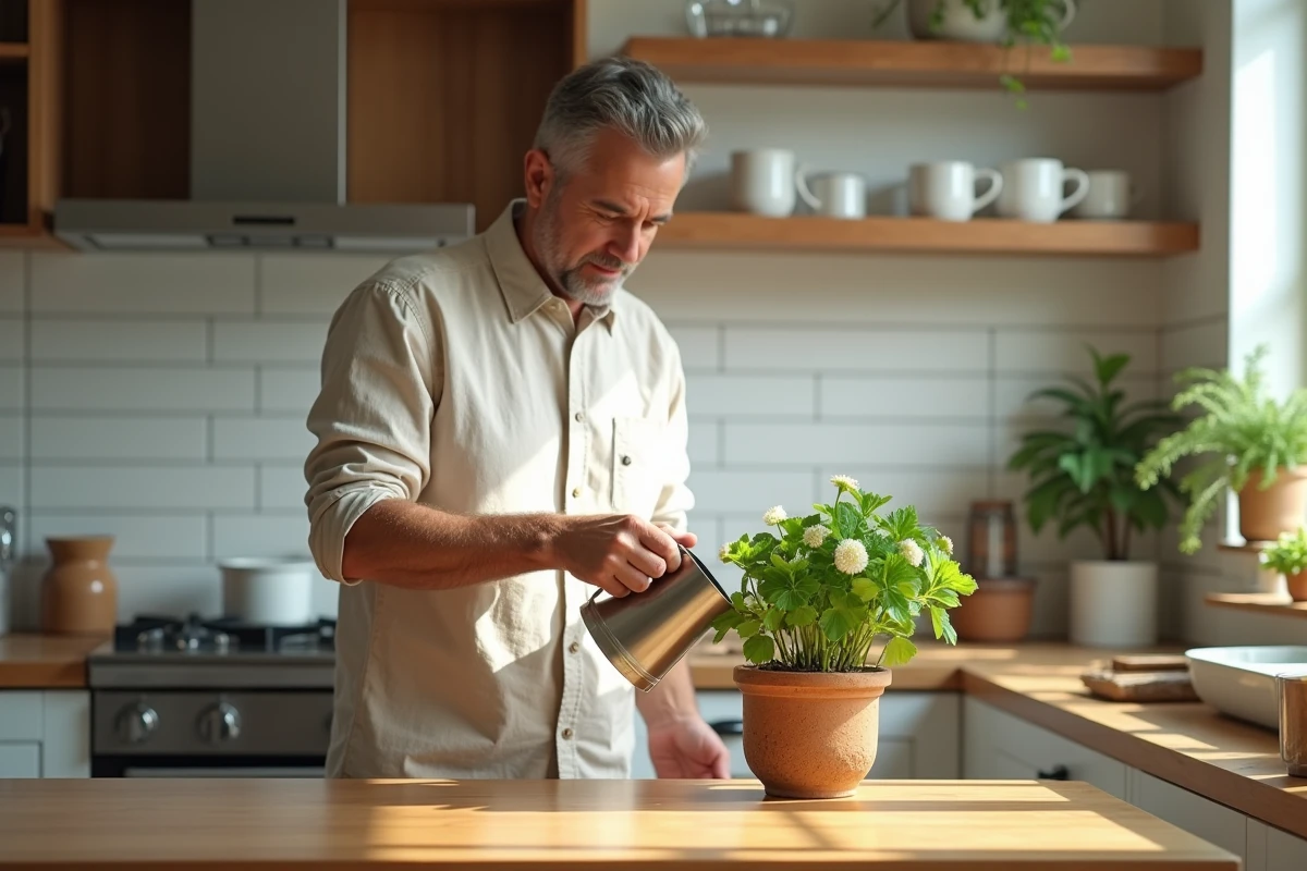 Homme d age arrosant une oxalis dans la cuisine lumineuse