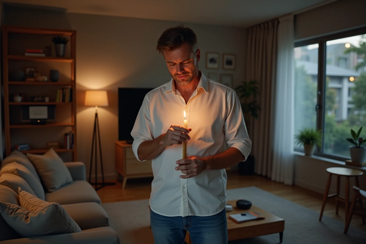 Homme dans un salon moderne tenant une bougie allumee