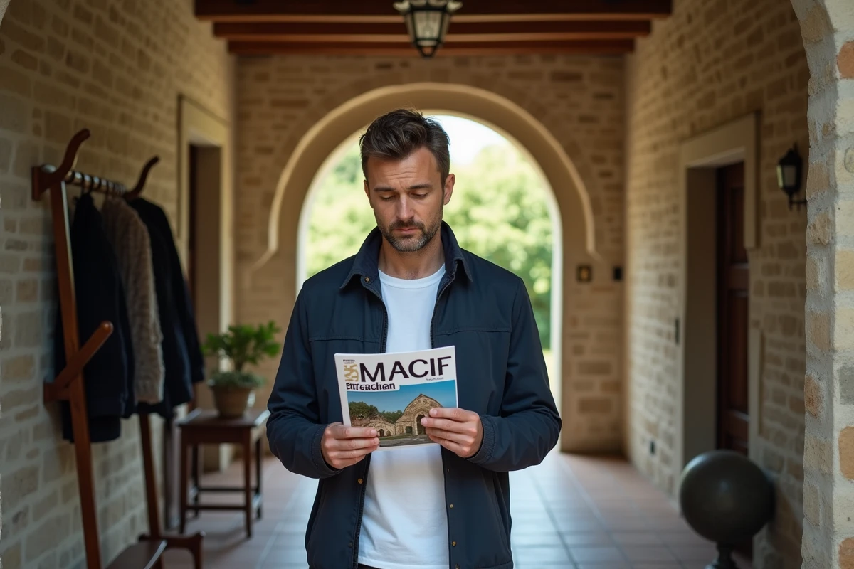 Homme lisant une brochure d'assurance habitation MACIF dans l'entrée d'une maison de caractère