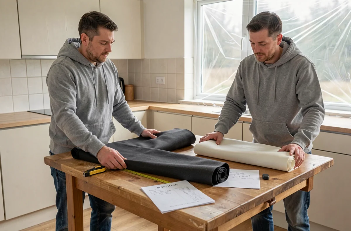 Homme comparant deux rideaux thermiques économiques sur une table de cuisine avant achat