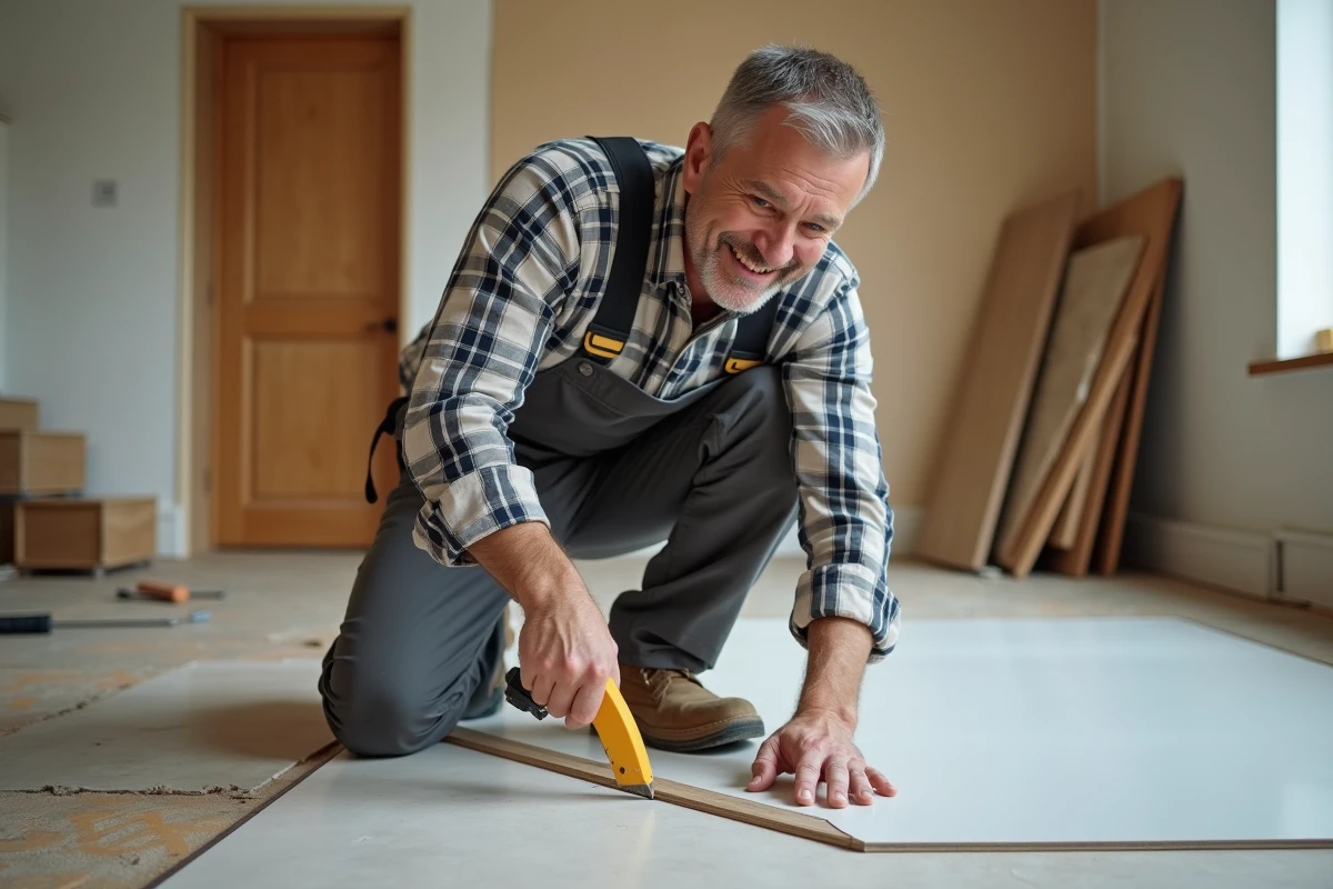 Homme coupe un revêtement de sol en vinyle dans une cuisine en rénovation