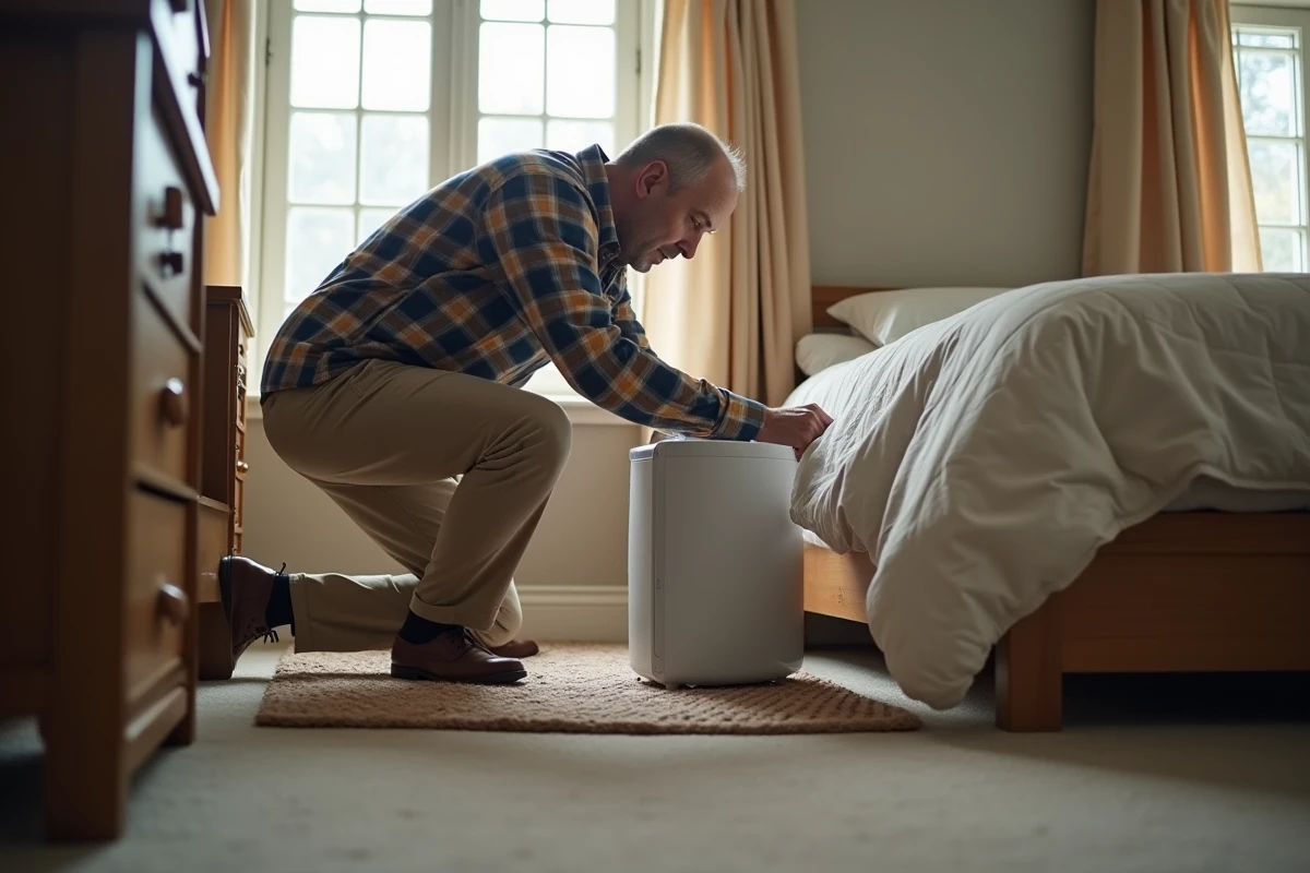 Homme posant un dehumidificateur dans une chambre chaleureuse