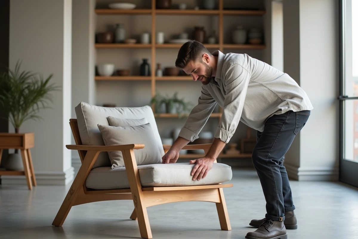 Jeune homme arrangeant des coussins sur un fauteuil scandinave