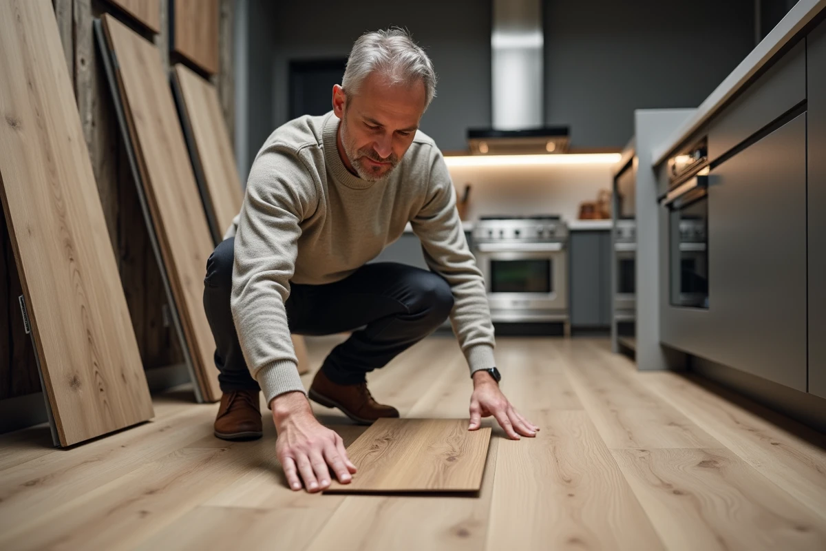Homme inspectant un échantillon de sol en laminate dans une cuisine
