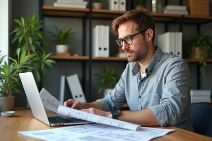 Homme d'âge moyen examinant factures et plans de rénovation