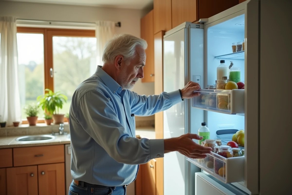 Homme âgé ouvre son frigo économe en énergie dans une maison lumineuse