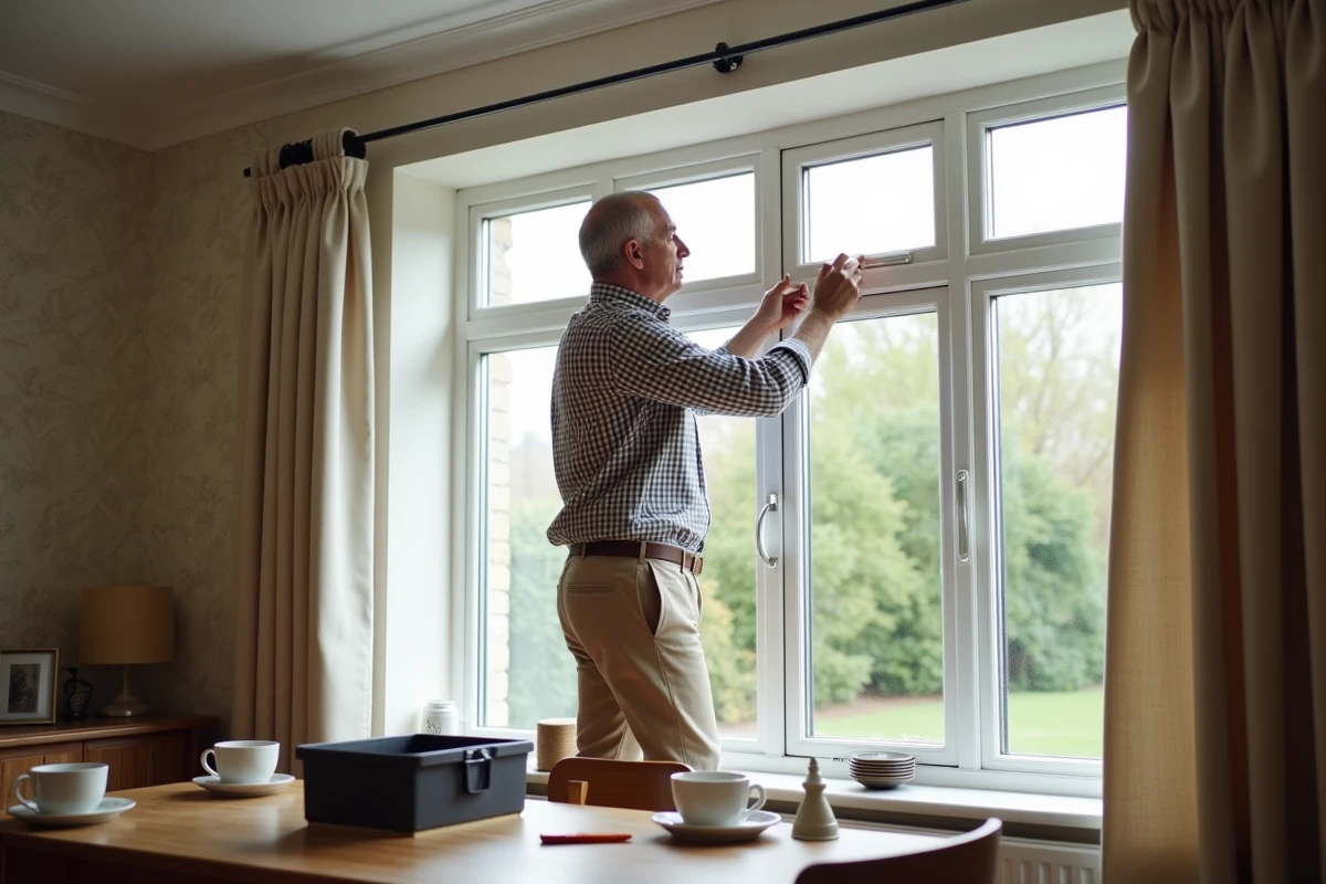 Homme installant des supports de rideau au-dessus d